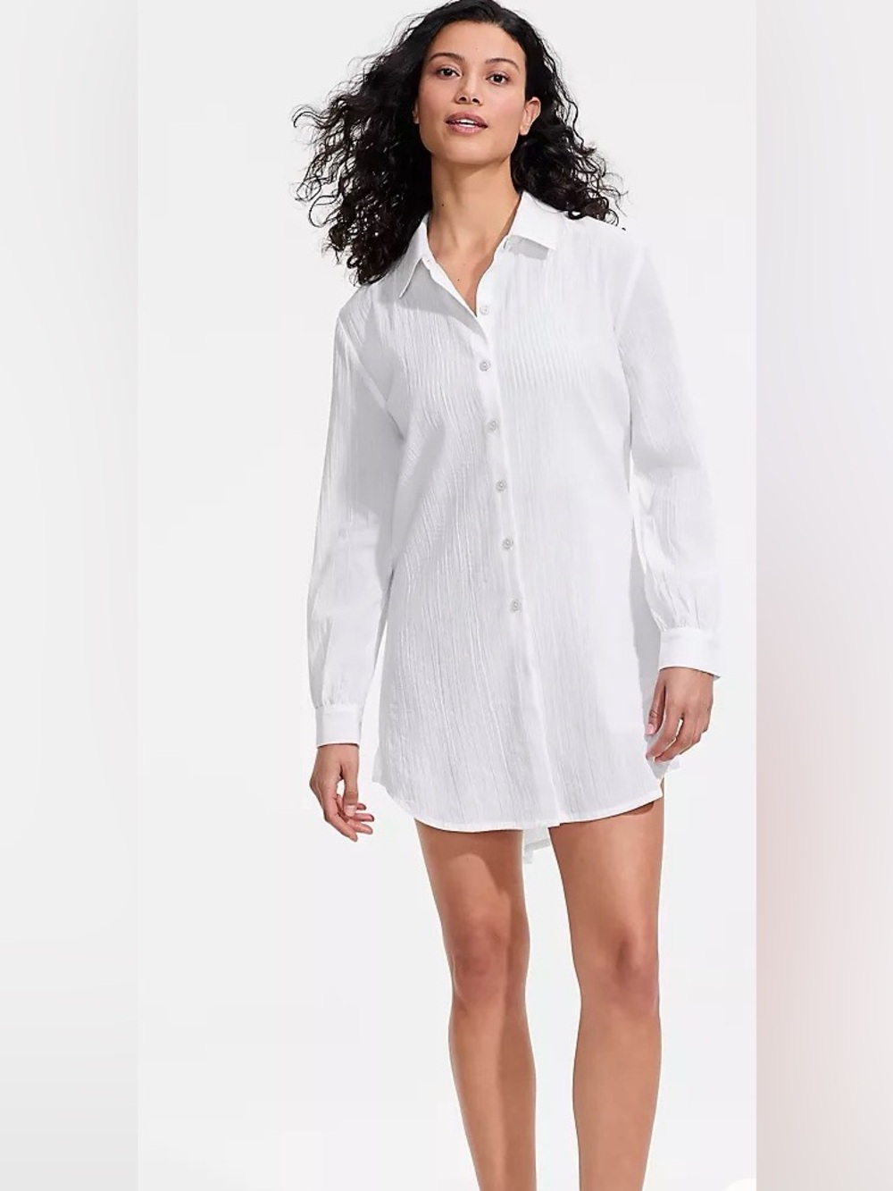 Lands’ End White Cotton Semi-Sheer Button-Up Shirt Swim Cover-Up Dress NWT Large